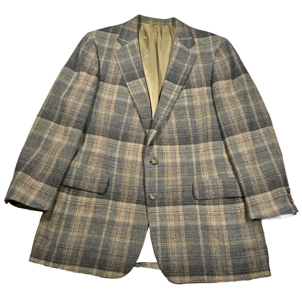 Vintage Chaps Ralph Lauren Sports Coat Linen Plaid 44R Brown Grey USA Union Made